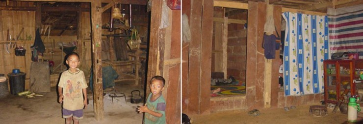 Left: Inside the village chief’s hut. Right: Sleeping quarters in the hut.