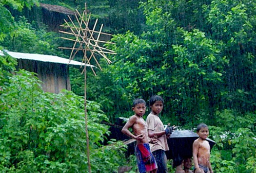 Bamboo sign outside Lao Theung village forbidding entry to outsiders.